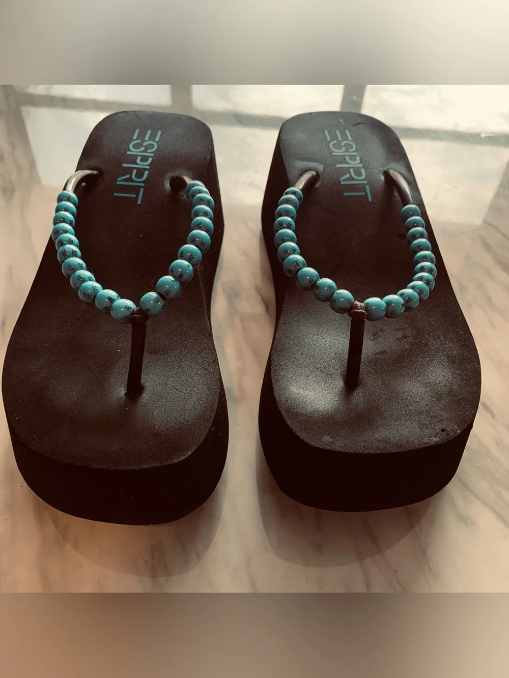 Esprit Black Platform Flip Flops with Turquoise Beaded Straps